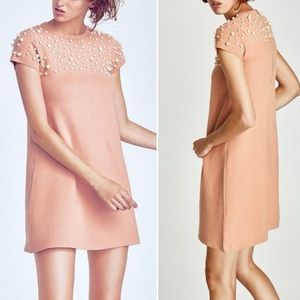 NWOT Zara Peach Mauve Knit Sweater Dress with Pearl Details Size M